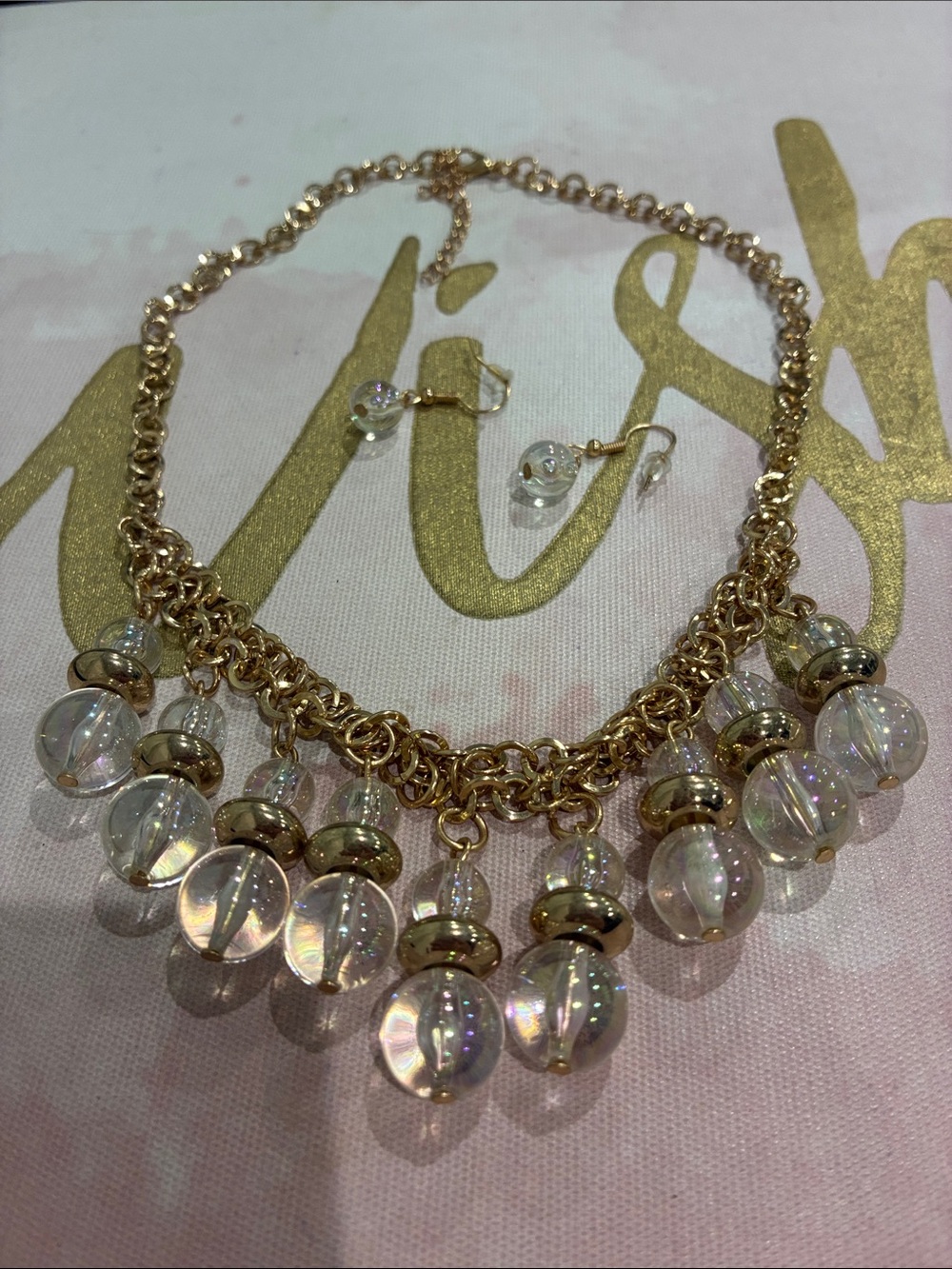 Gold Chain Necklace with Iridescent Bead Drops - Women's Jewelry
